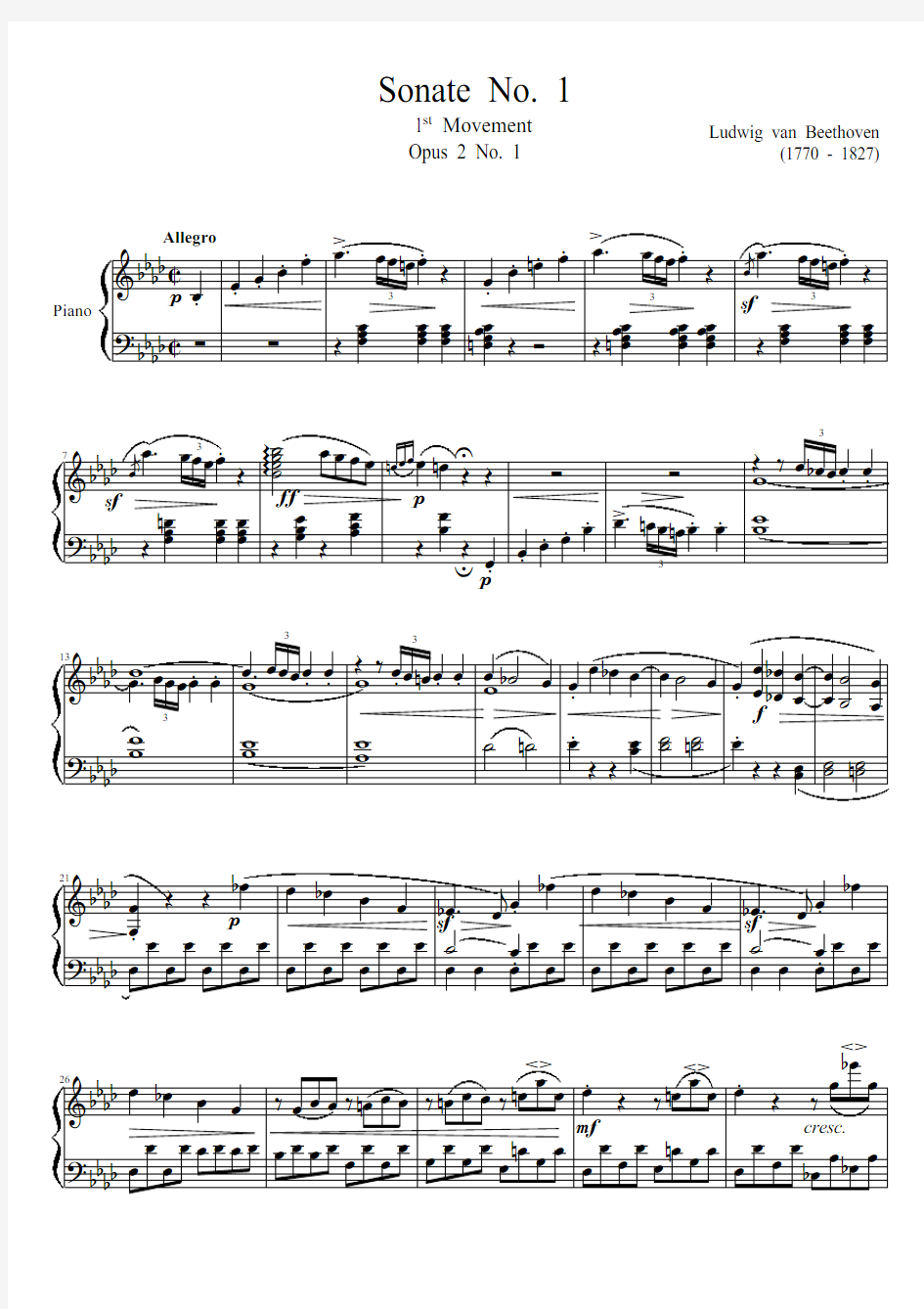 贝多芬第一钢琴奏鸣曲钢琴谱(第一乐章)-Op.2-No.1(高清原版PDF)