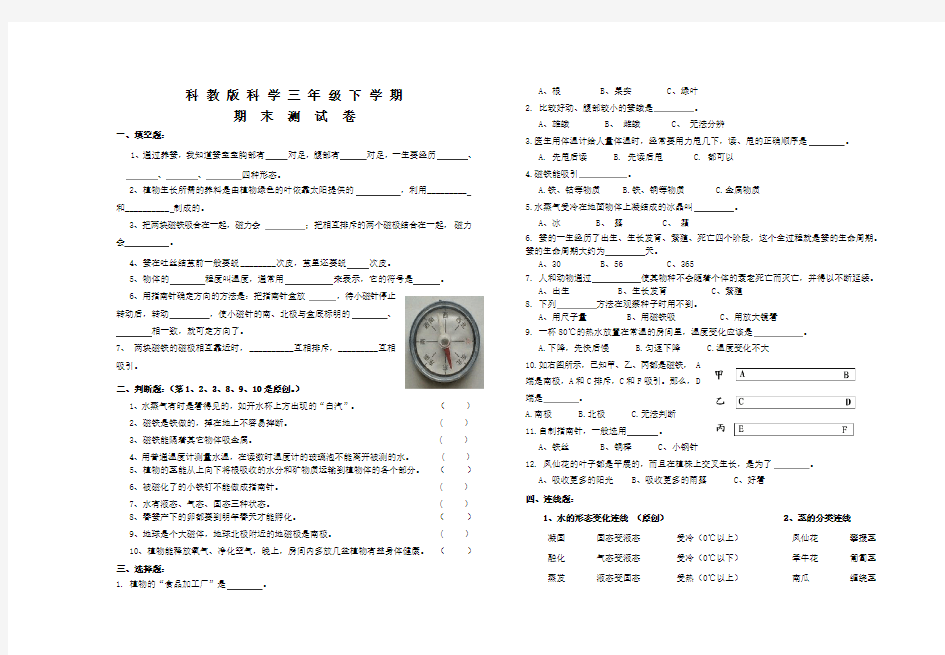 科教版科学三年级下册《期末考试卷》附答案解析