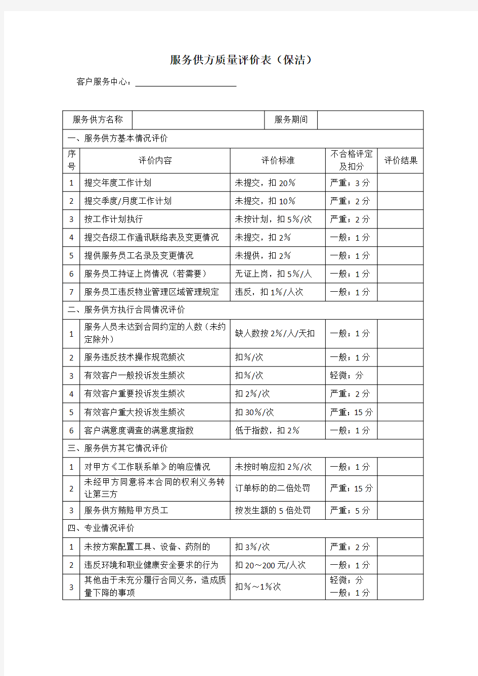 服务供方质量评价表(保洁)