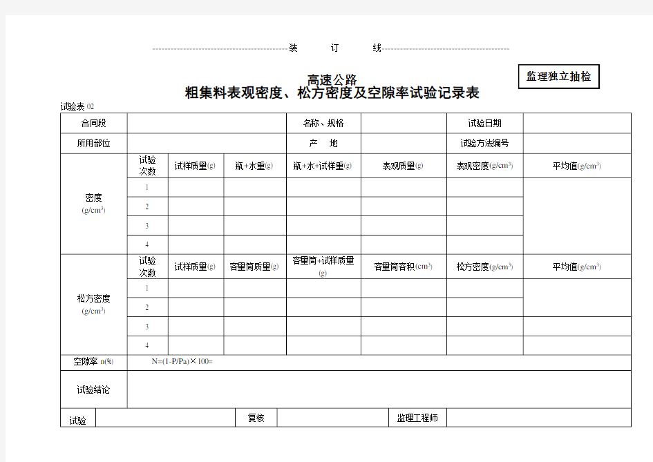 公路试验粗集料表观密度、松方密度及空隙率试验记录表