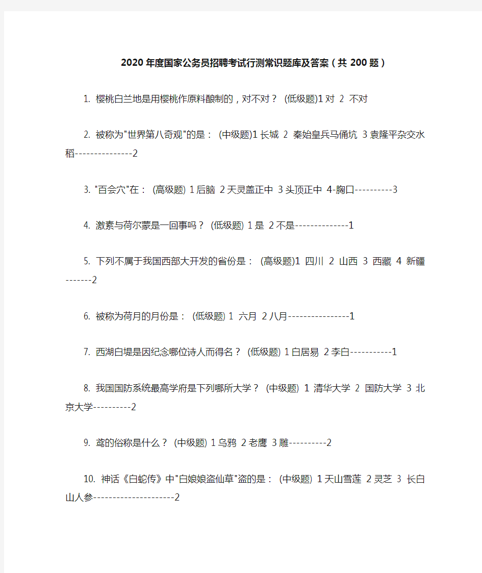 2020年度国家公务员招聘考试行测常识题库及答案(共200题)