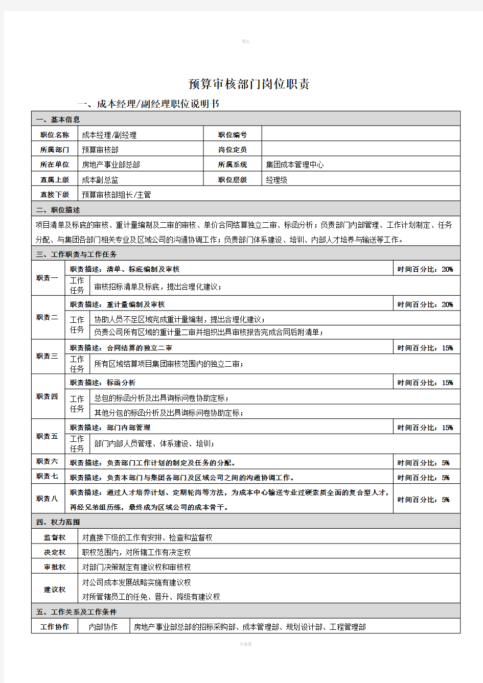 成本管理中心岗位职责