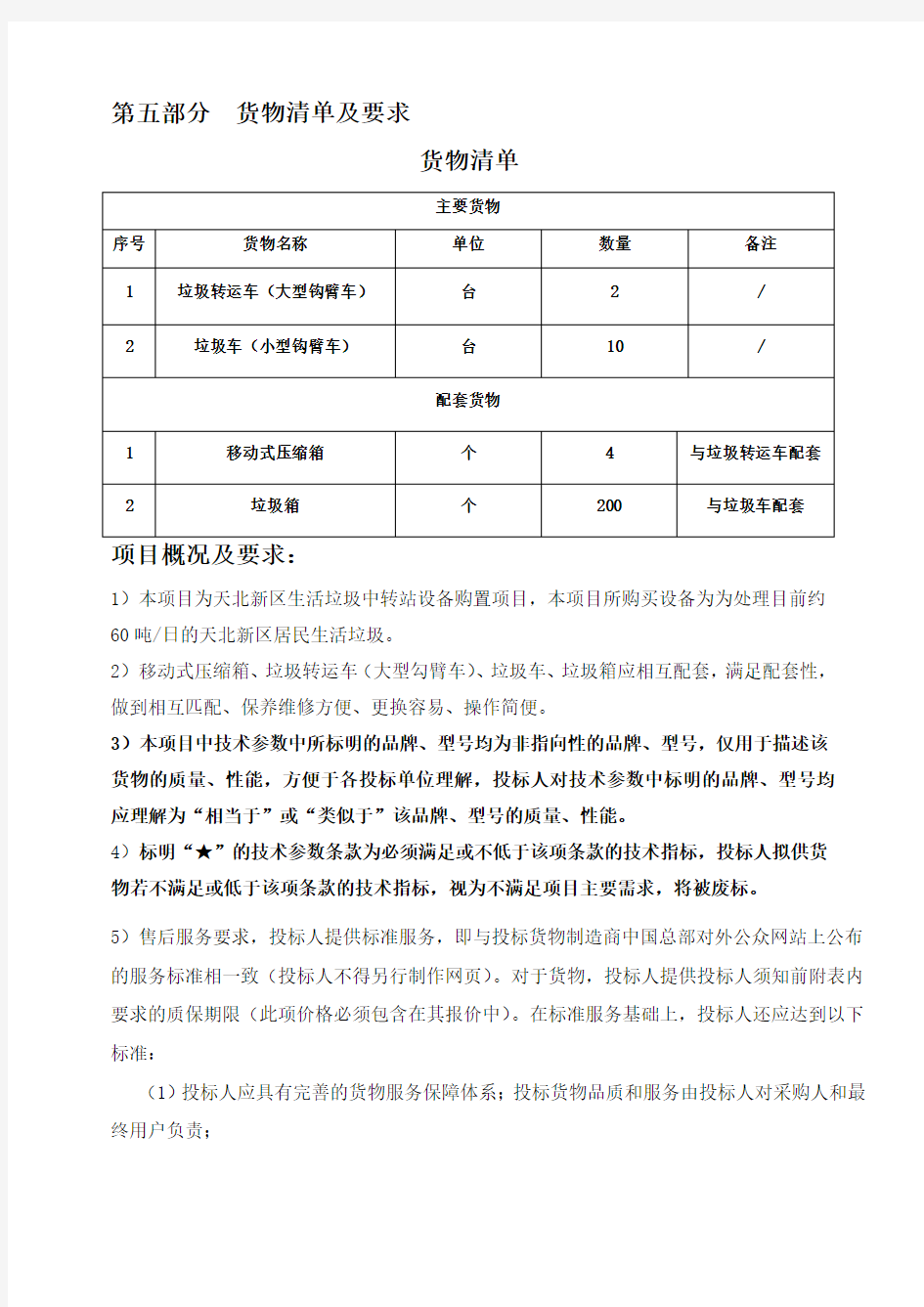 货物清单及要求