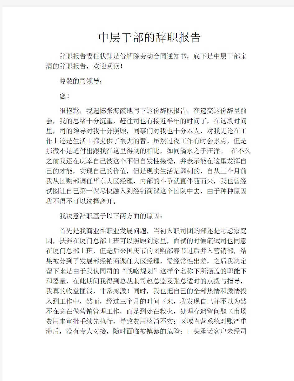 中层干部的辞职报告