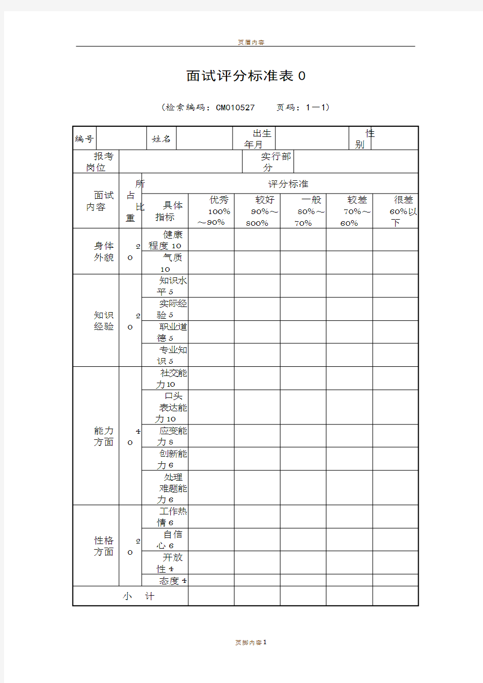 面试评分标准表99411