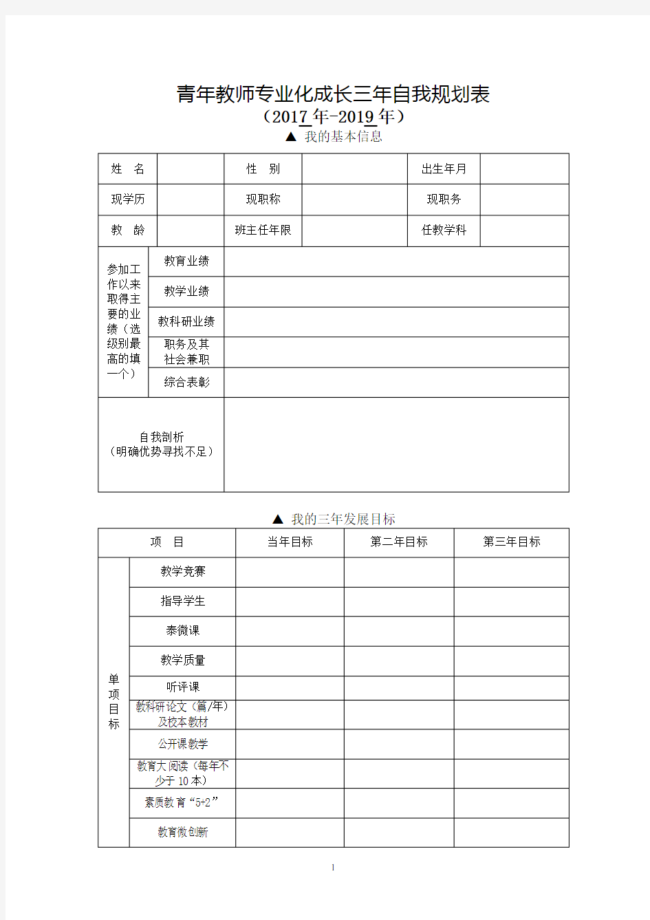 青年教师专业化成长三年自我规划表(2017修订)