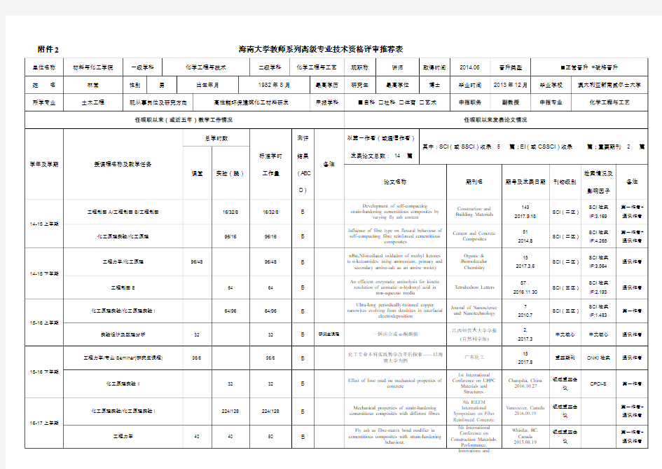 海南大学教师系列高级专业技术资格评审推荐表