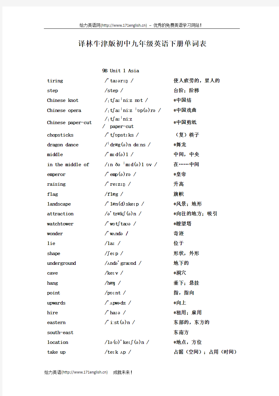 译林牛津版初中九年级英语下册单词表