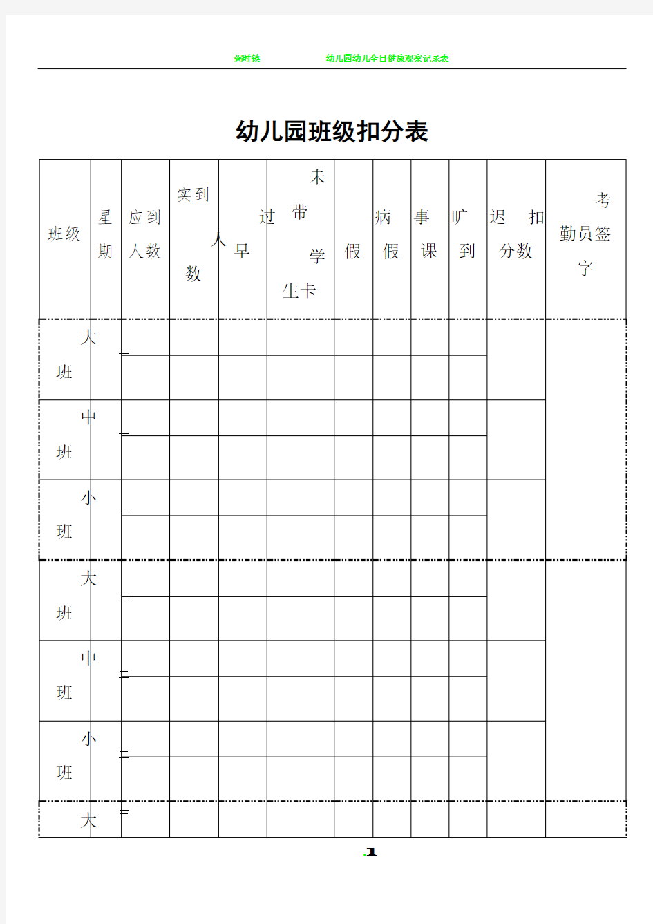 幼儿园学生考勤表