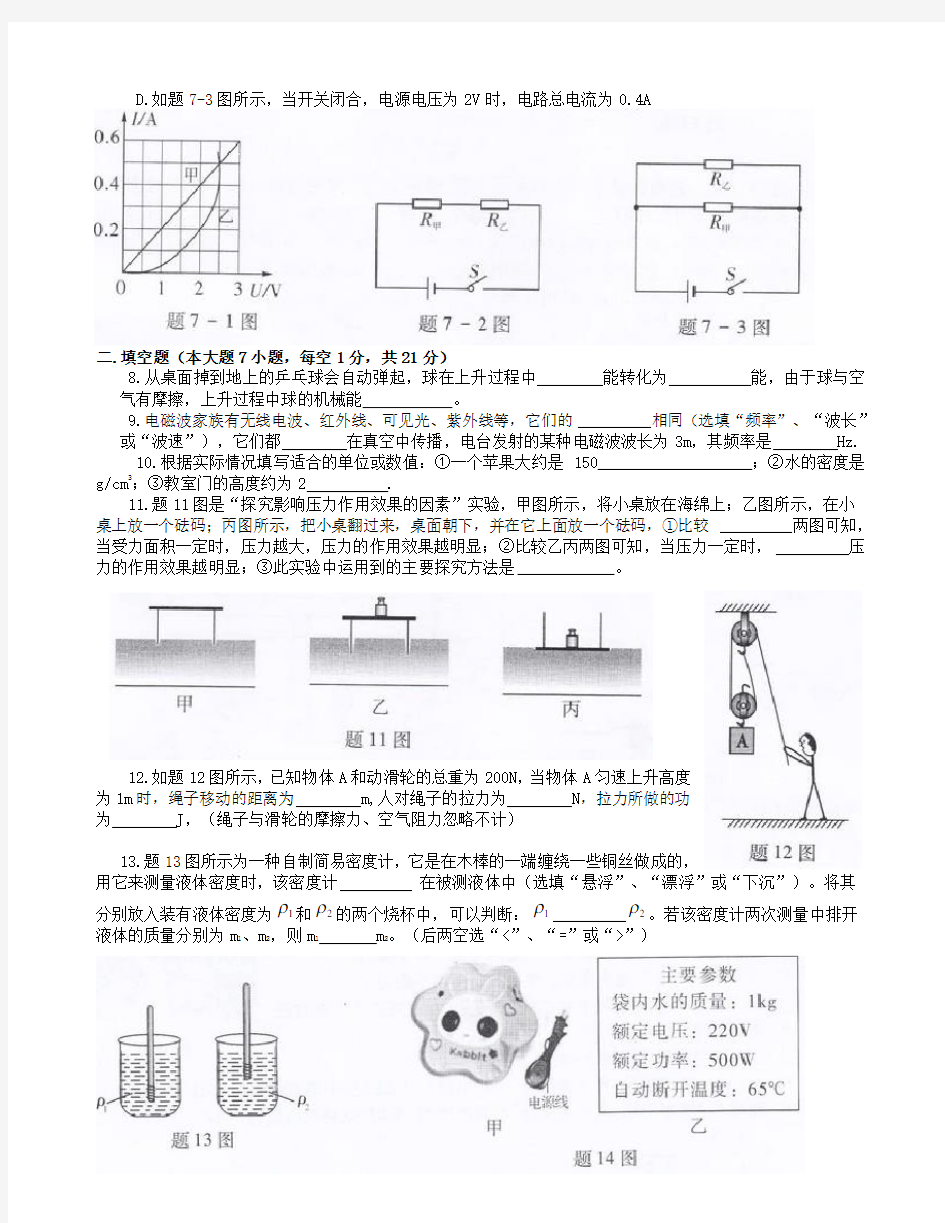 广东省2015年初中物理中考试卷及答案