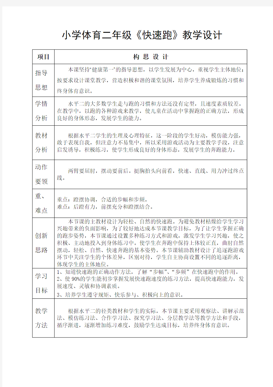 小学体育二年级《快速跑》教学设计