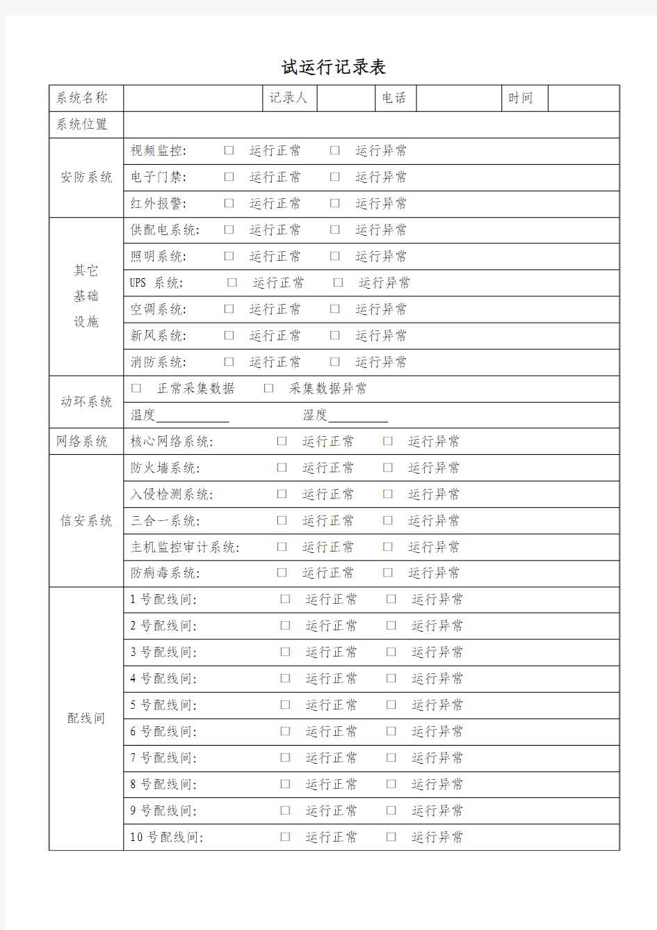 试运行记录表