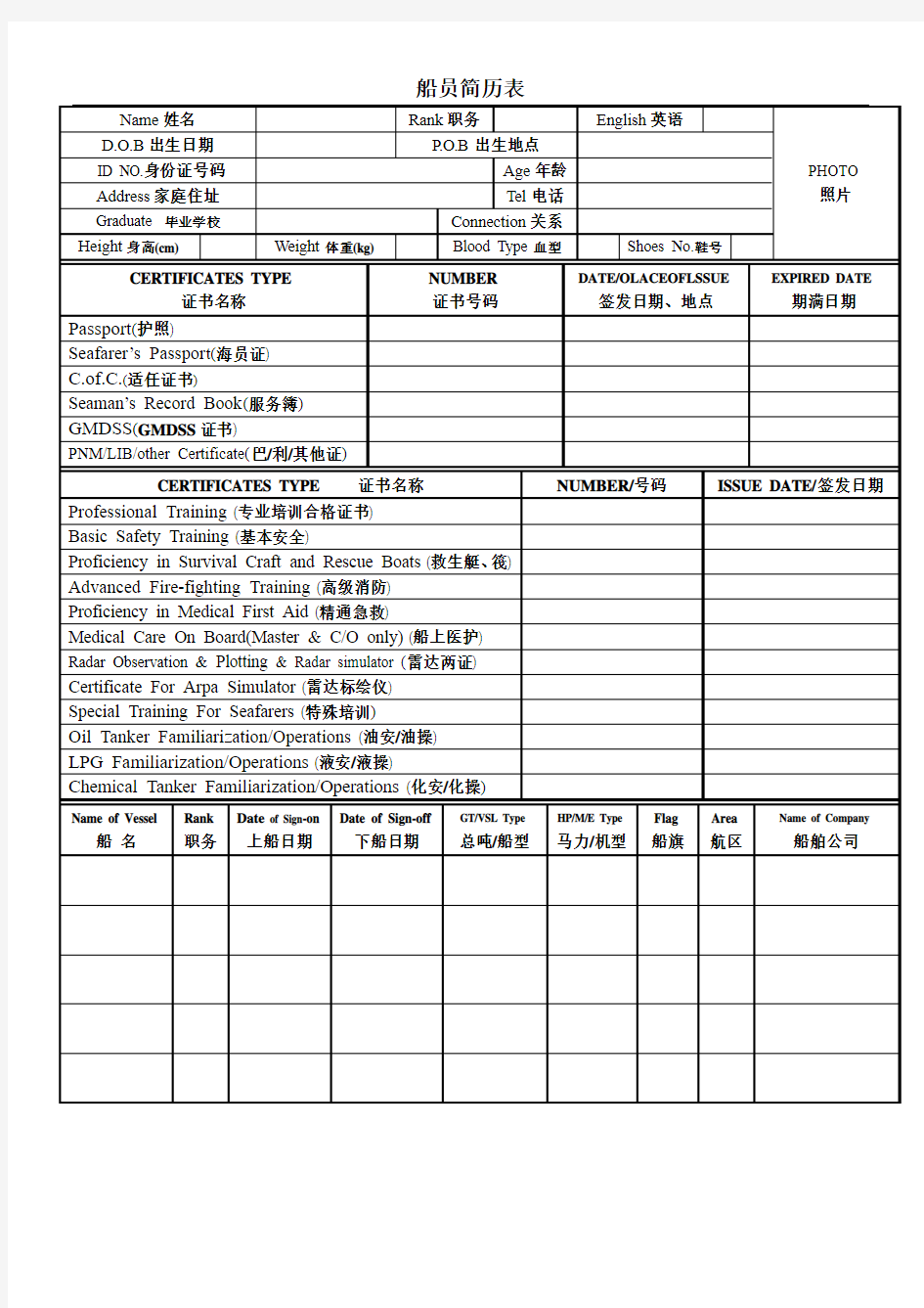船员简历表海员空白简历