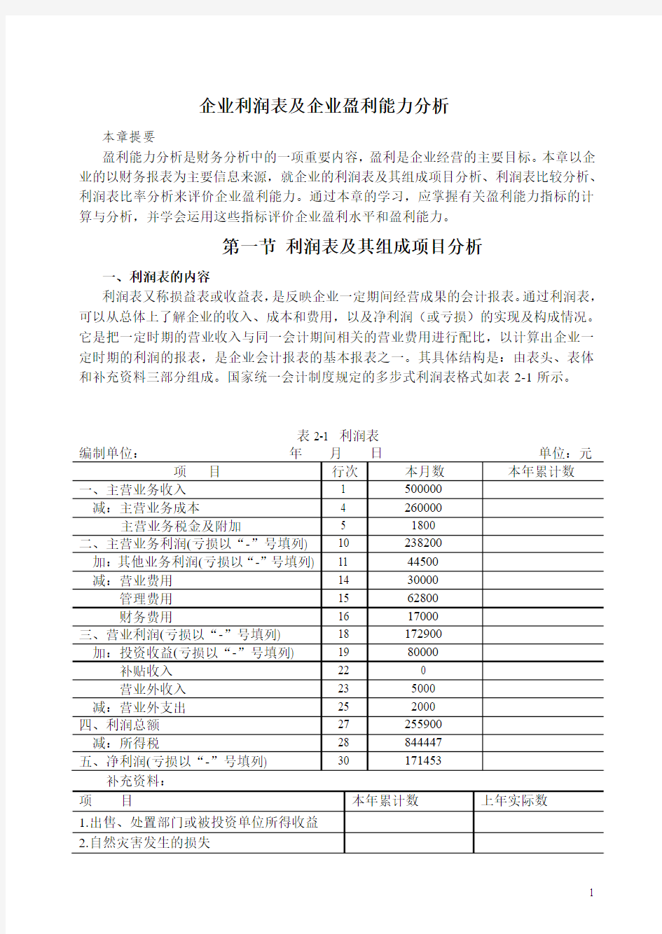 企业利润表及企业盈利能力分析