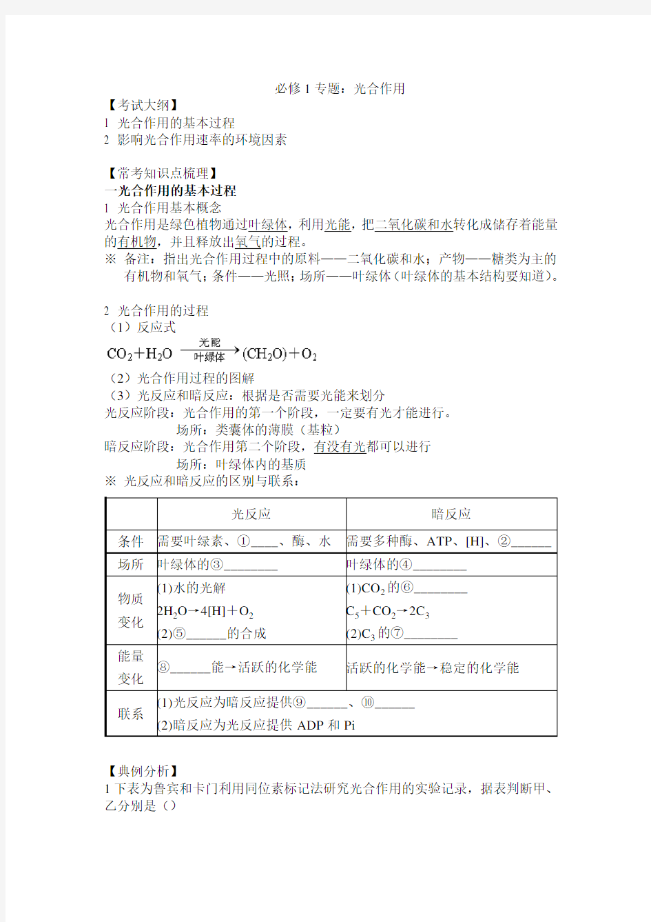 高考生物专题光合作用知识点及专题练习