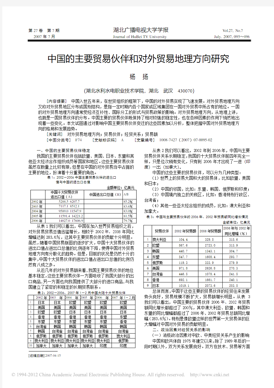 中国的主要贸易伙伴和对外贸易地理方向研究