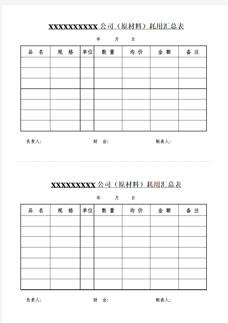 (原材料)耗用登记表