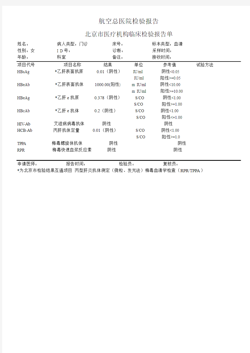 航空总医院检验报告  北京市医疗机构临床检验报告单