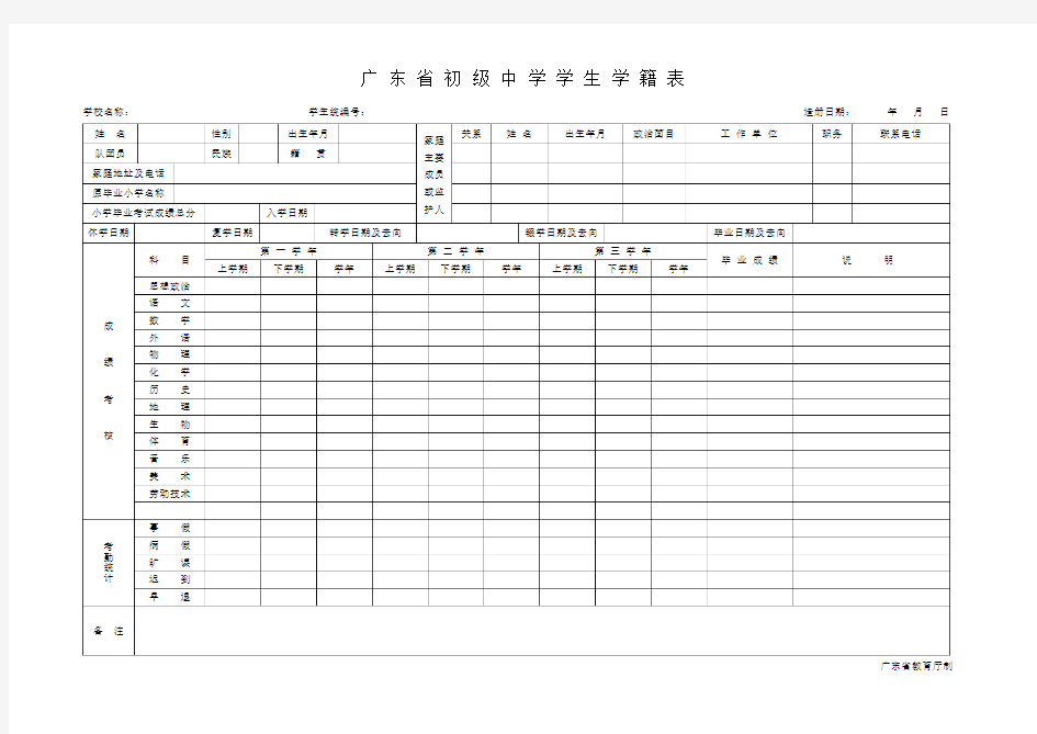 广东省初级中学学生学籍表(A3)