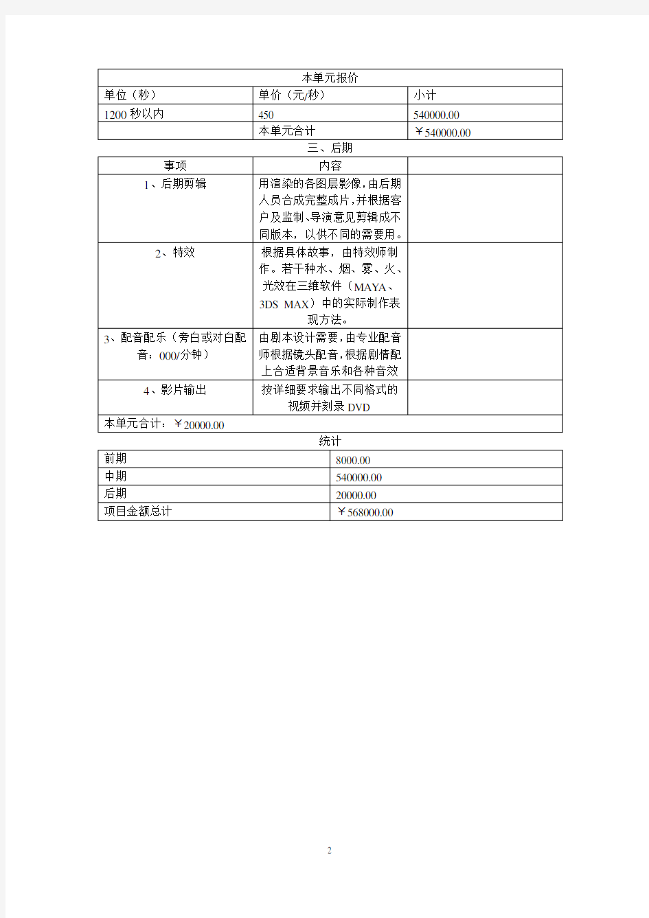 三维动画报价单2