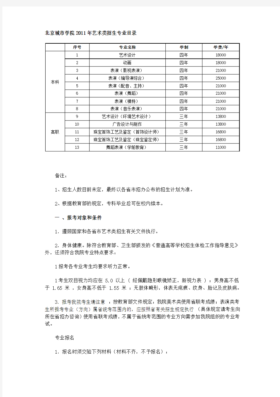 北京城市学院2011招生简章