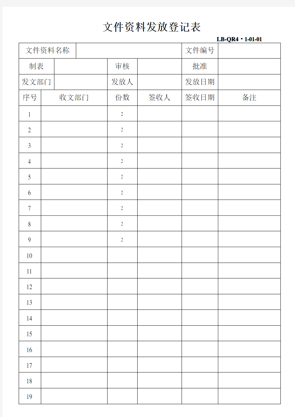 文件资料发放登记表