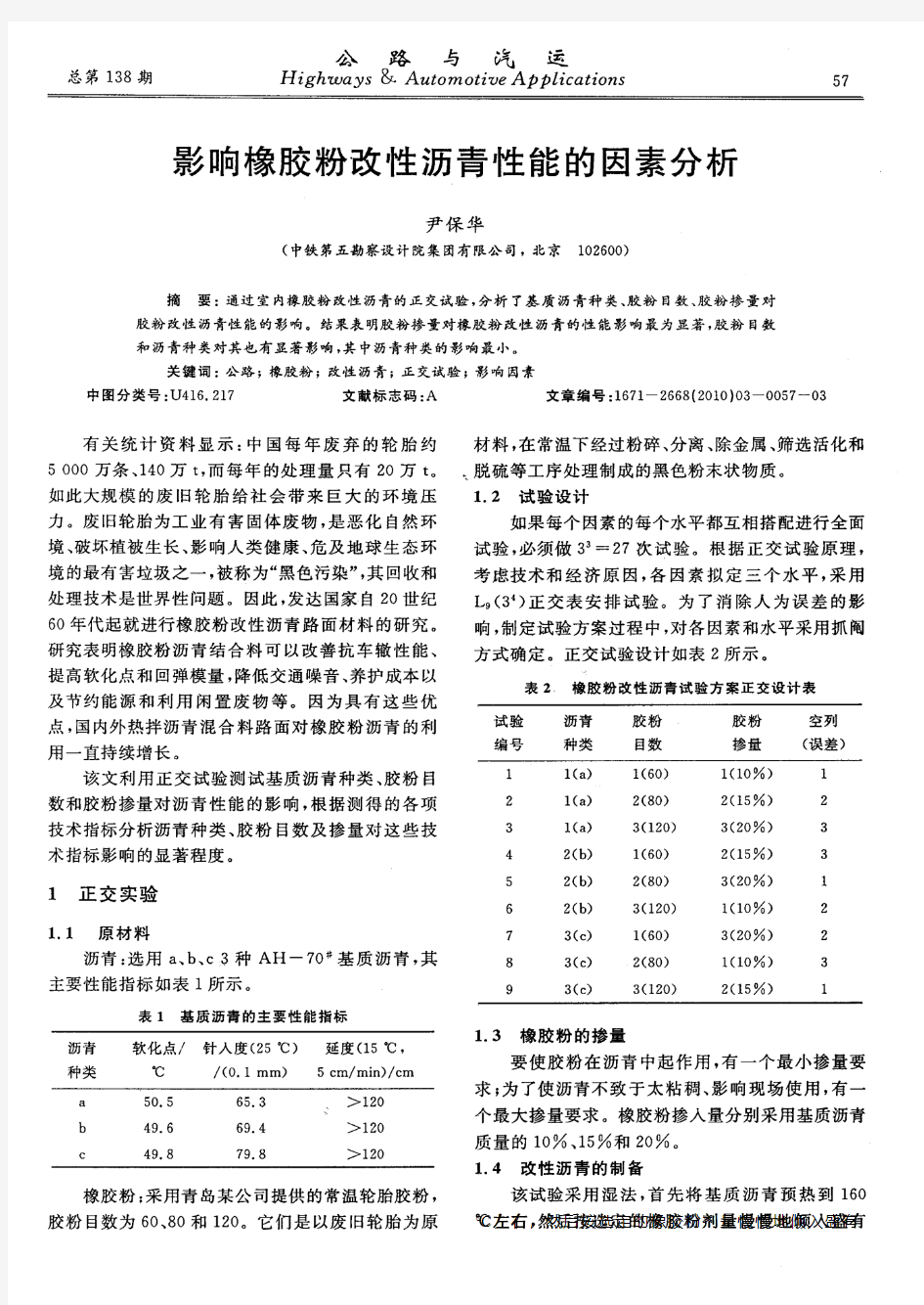 影响橡胶粉改性沥青性能的因素分析