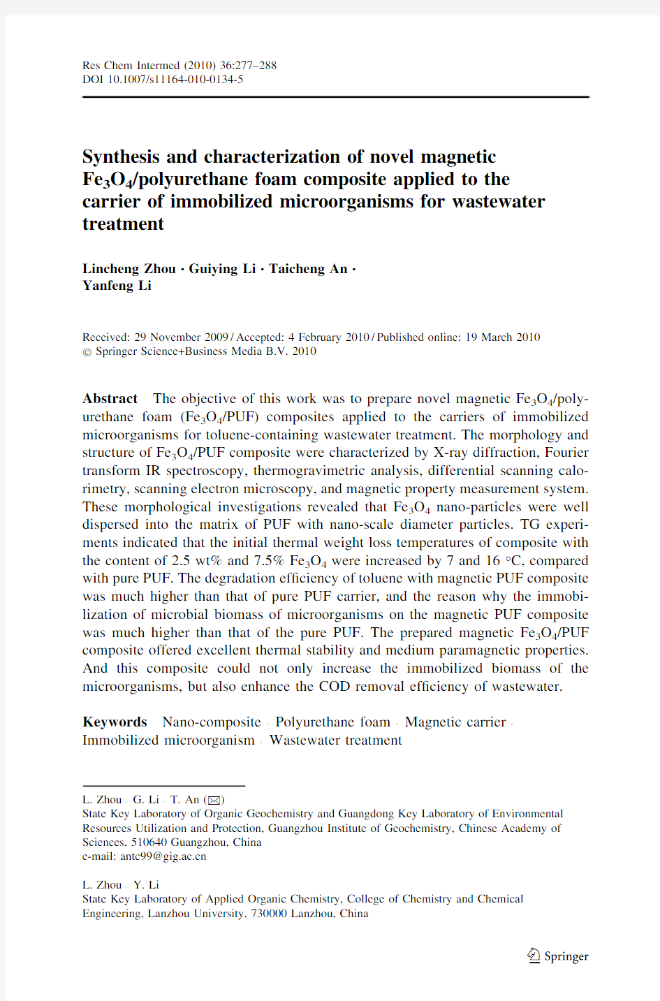 Synthesis and characterization of novel magnetic Fe3O4-polyurethane foam composite applied to the