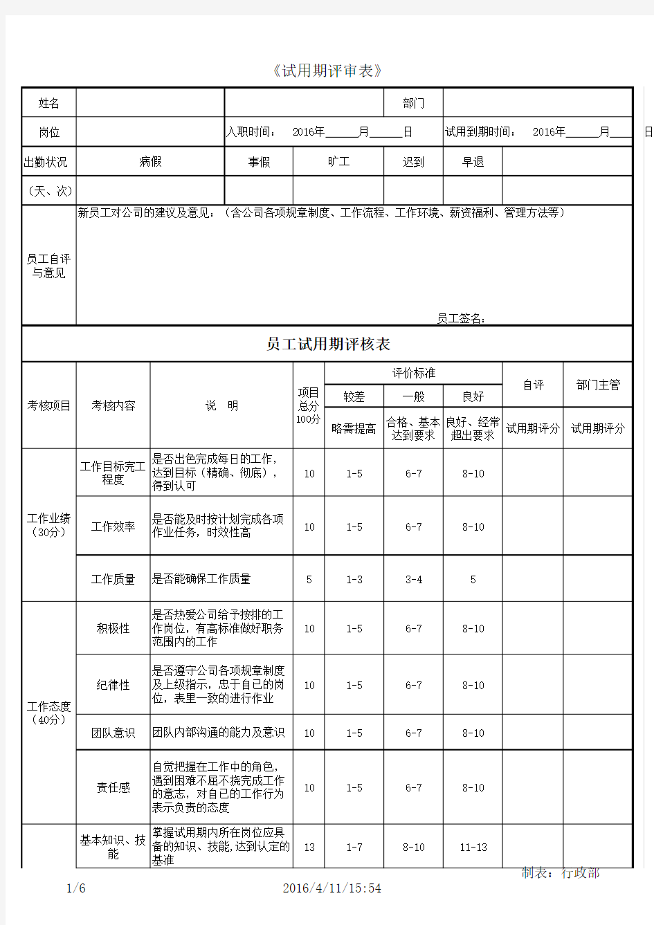 新员工试用期考核表