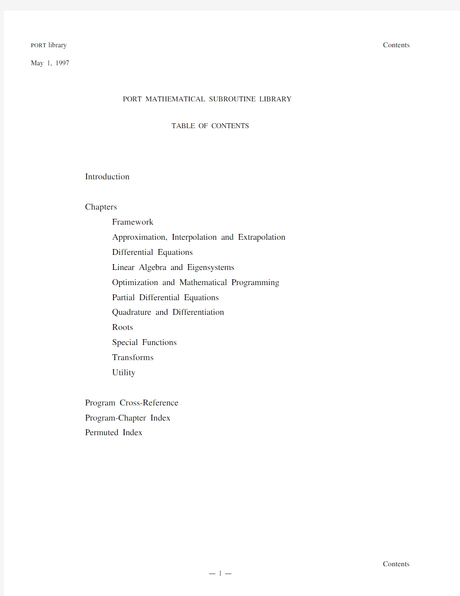 PORT MATHEMATICAL SUBROUTINE LIBRARY TABLE OF CONTENTS Chapters