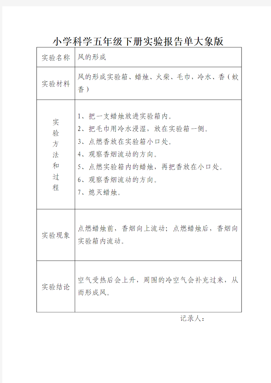 大象版小学科学五年级下册实验报告单