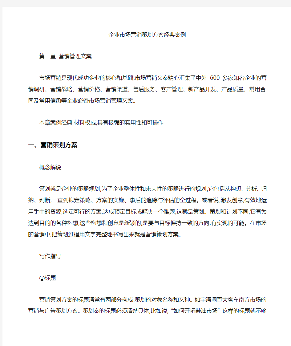 企业市场营销策划方案经典案例