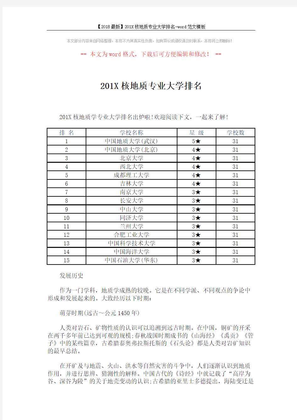 【2018最新】201X核地质专业大学排名-word范文模板 (3页)