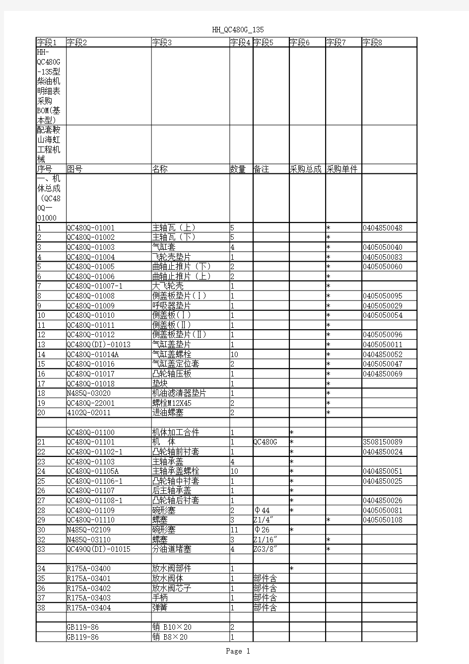 全柴发动机配件图册HH-QC480G-135