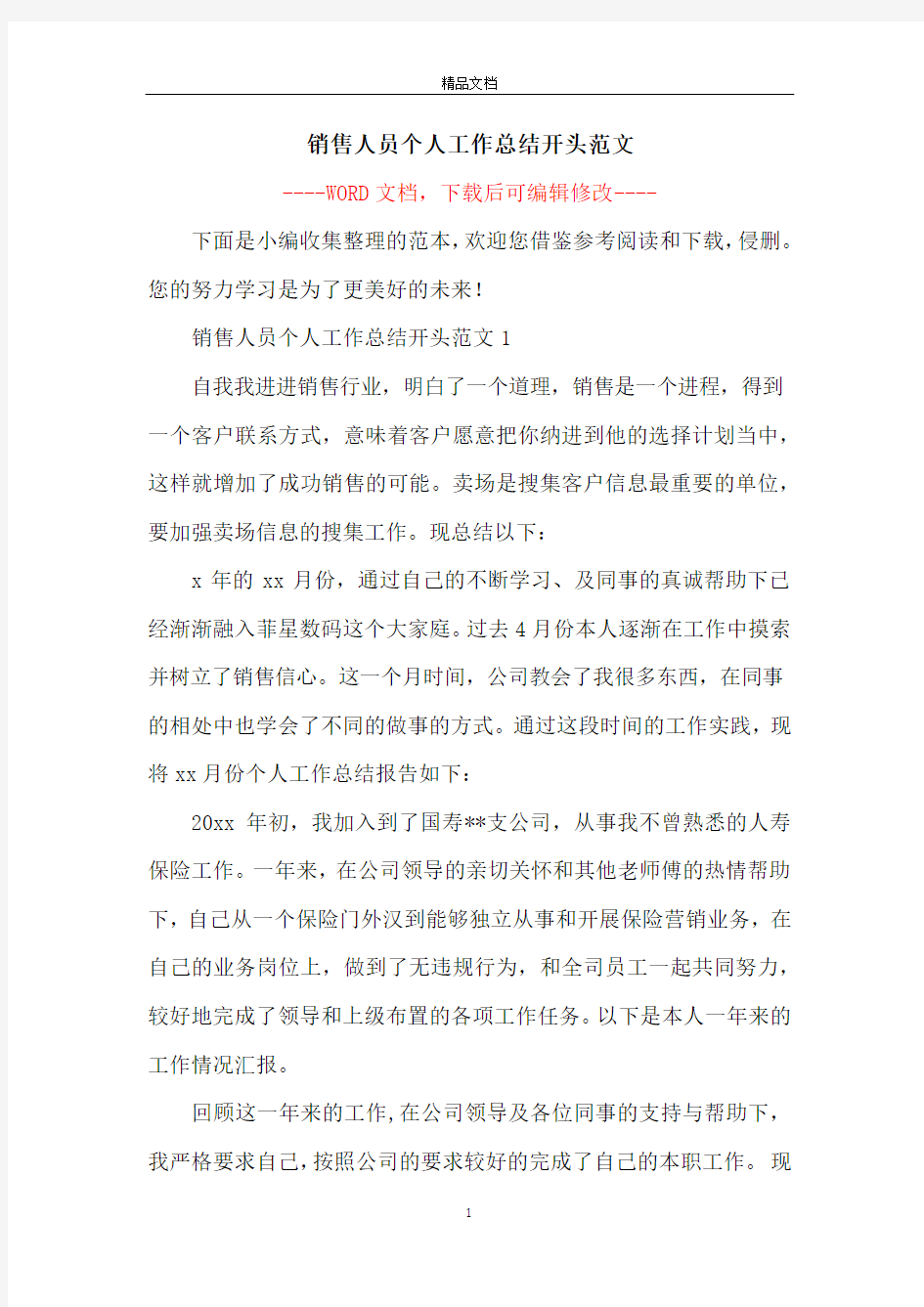 销售人员个人工作总结开头范文