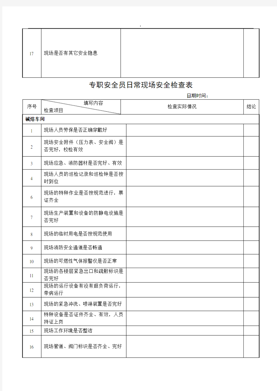 专职安全员日常检查表精选word范本