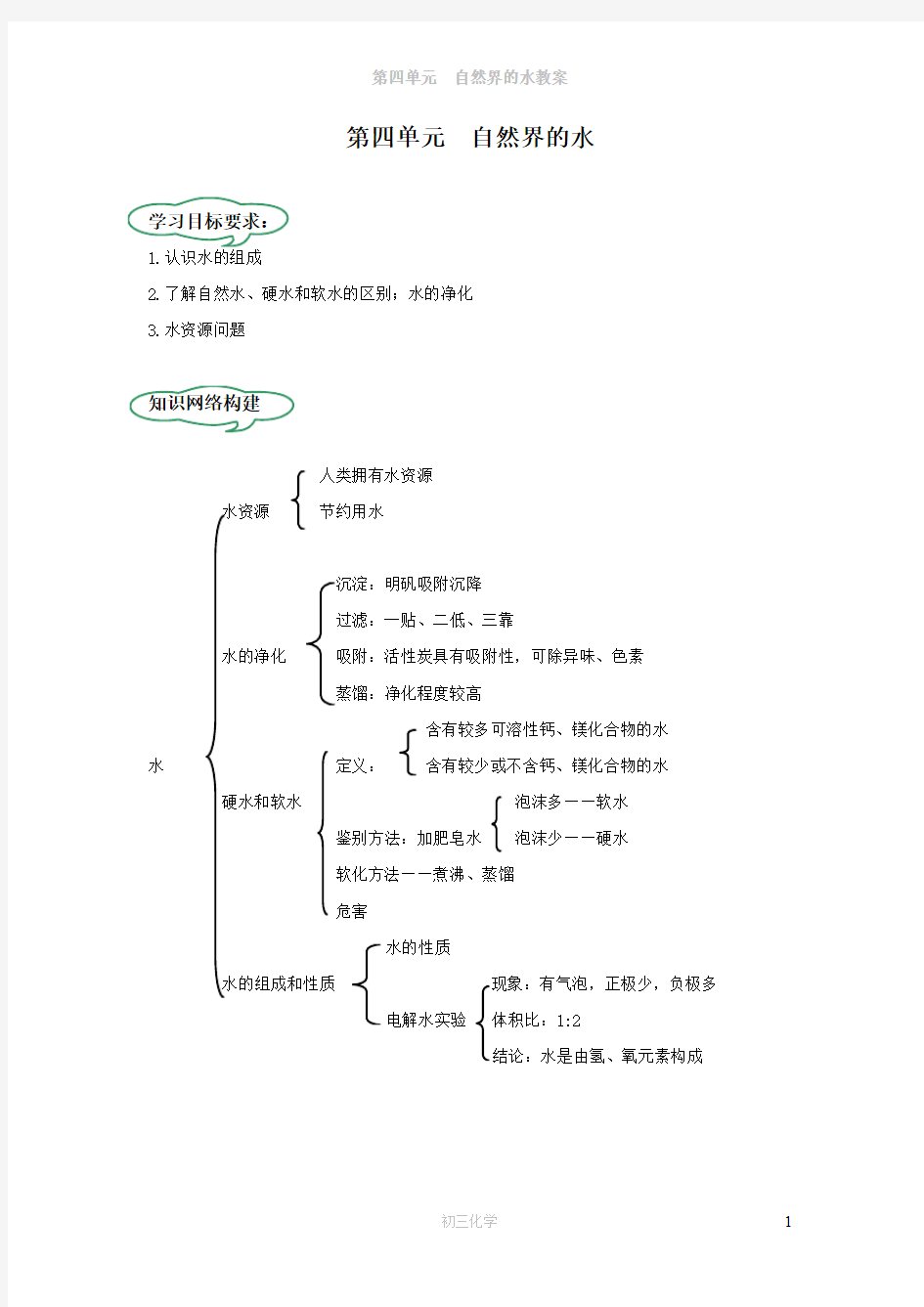 初三化学第四单元  自然界的水教案