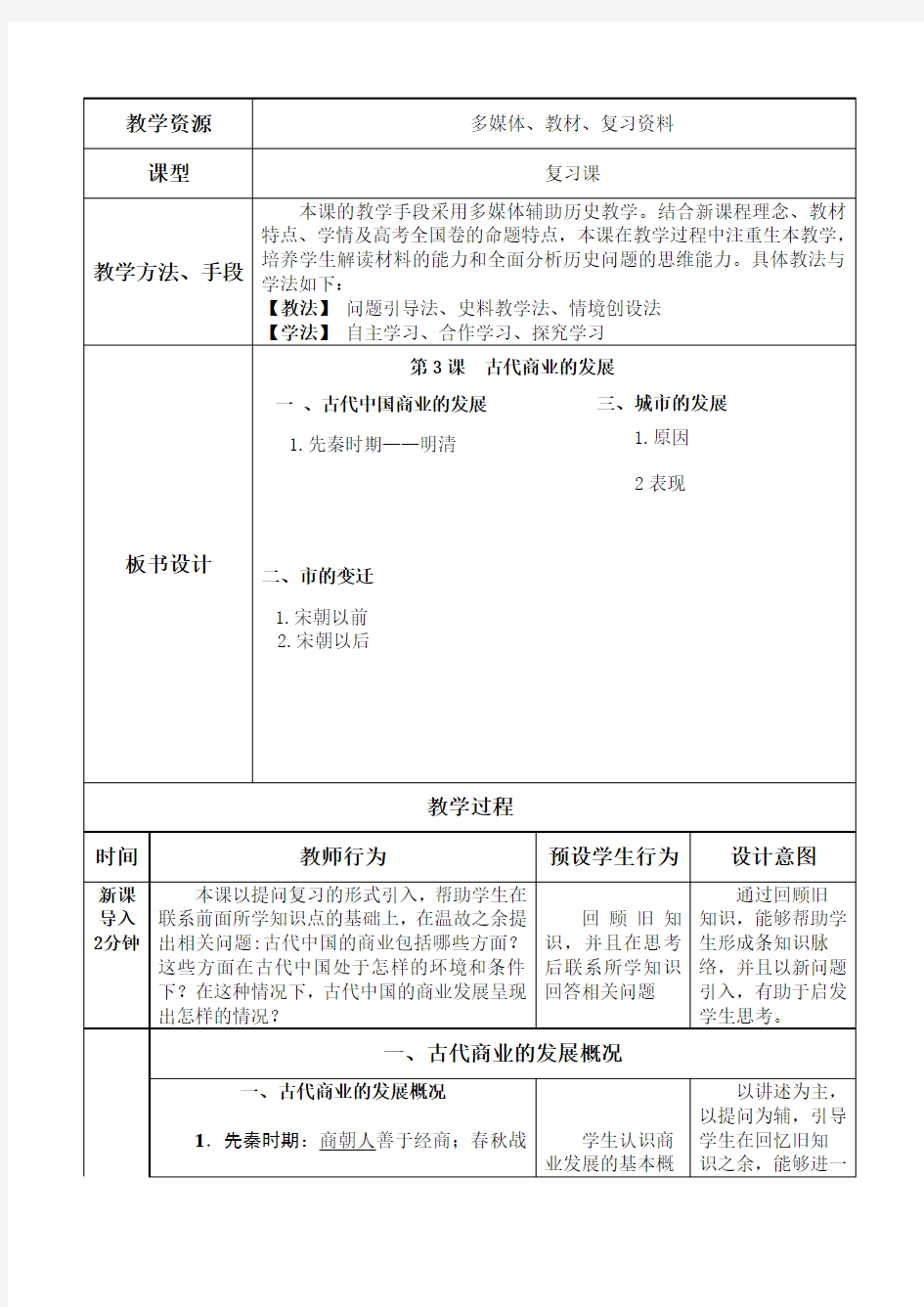 《古代商业的发展》教学设计