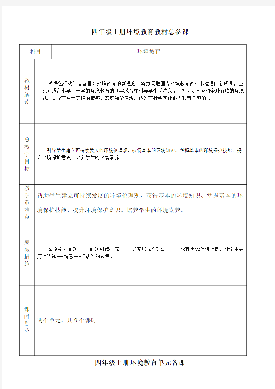 四年级上环境教育教案