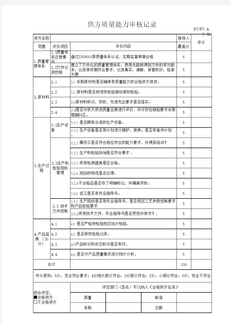 供应商质量能力审核表