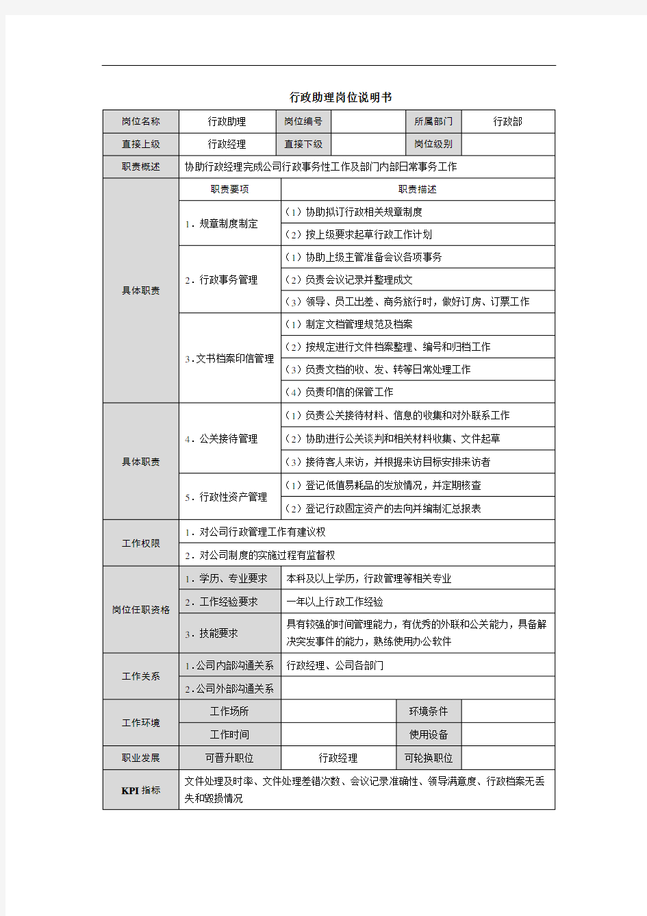 行政助理岗位说明书