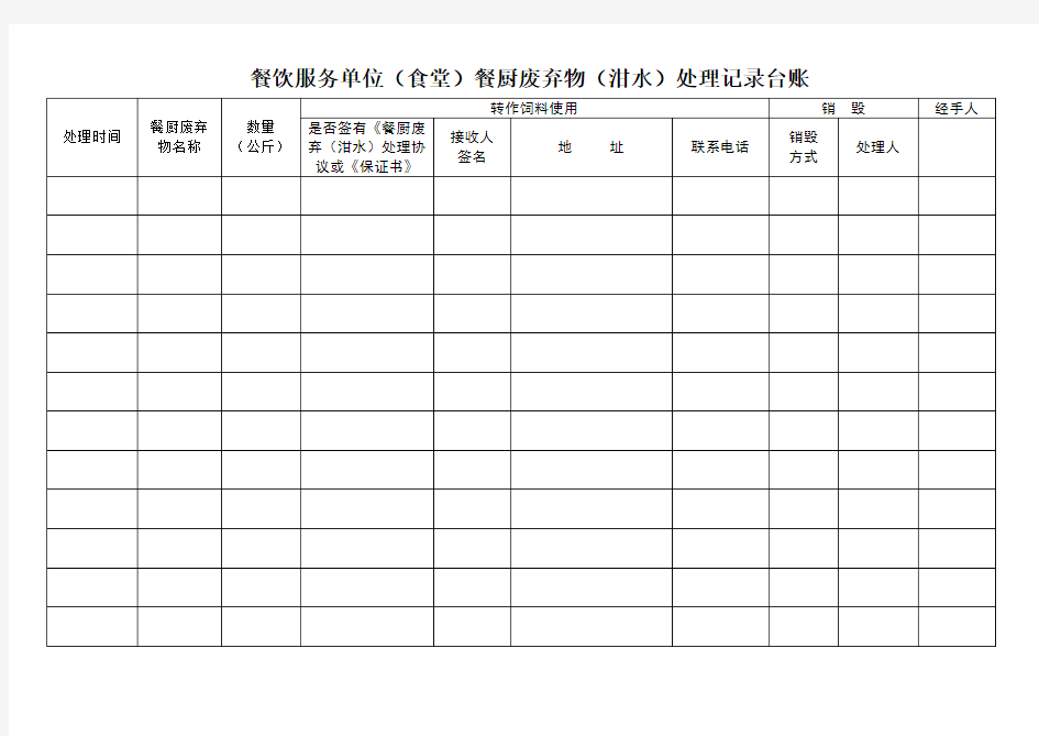 餐饮服务单位餐厨废弃物处理记录台账
