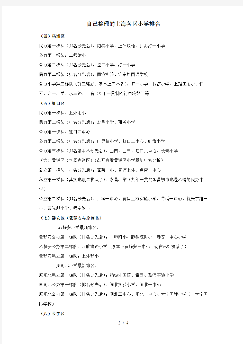 自己整理的上海各区小学排名