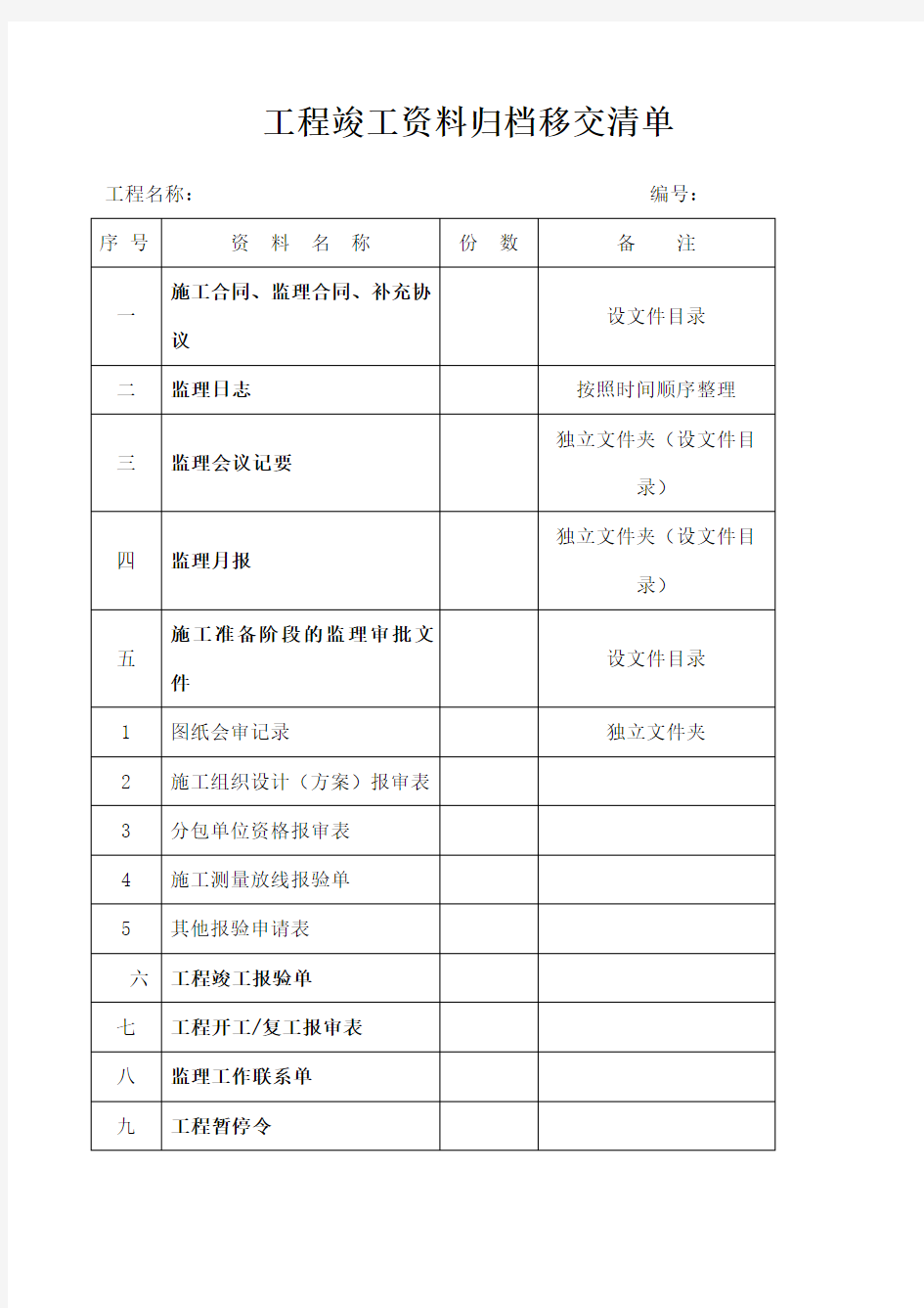 工程竣工资料归档移交清单