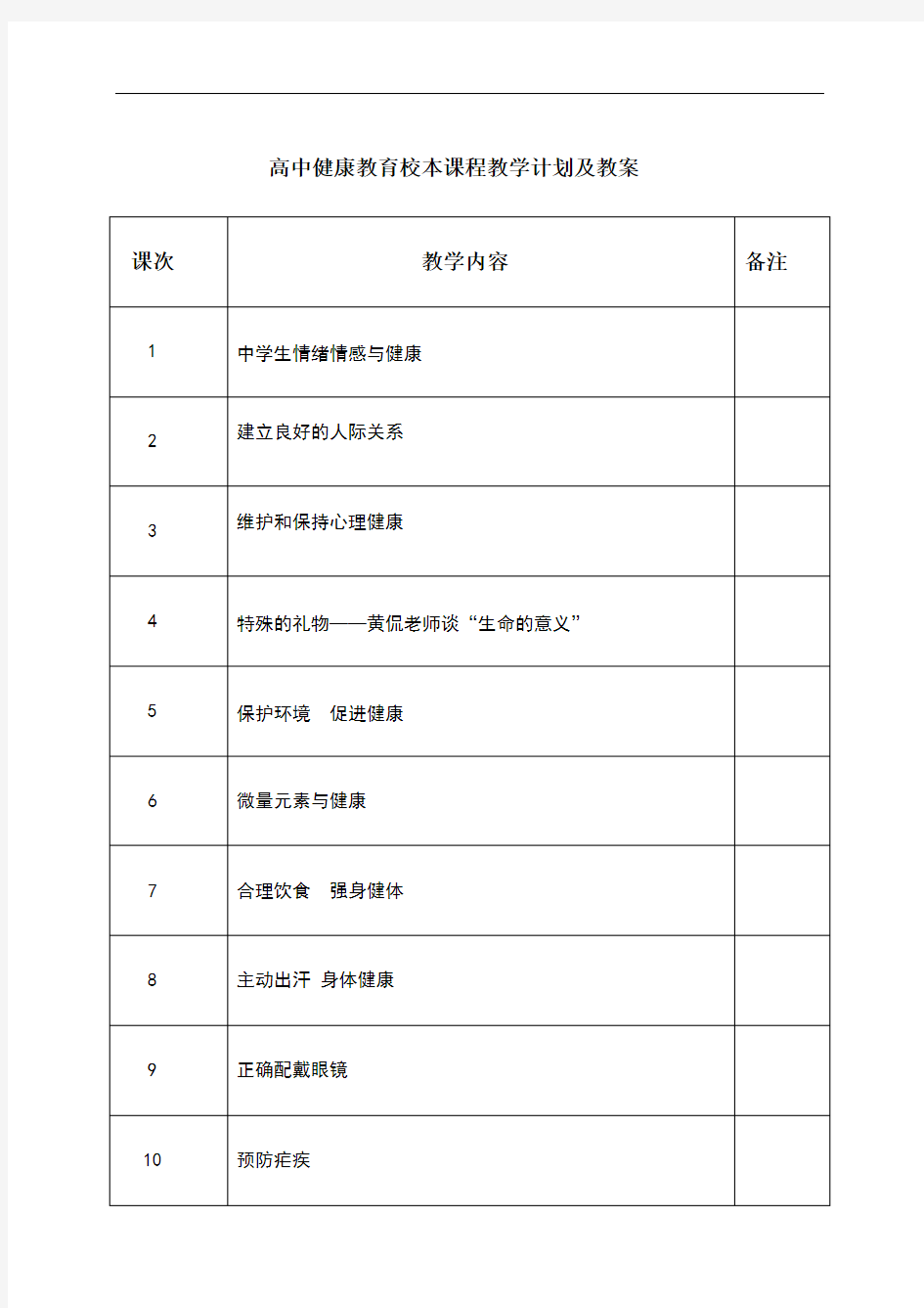 高中健康教育校本课程教学计划及教案