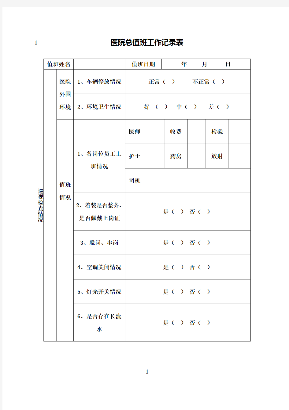 最新医院总值班工作记录表