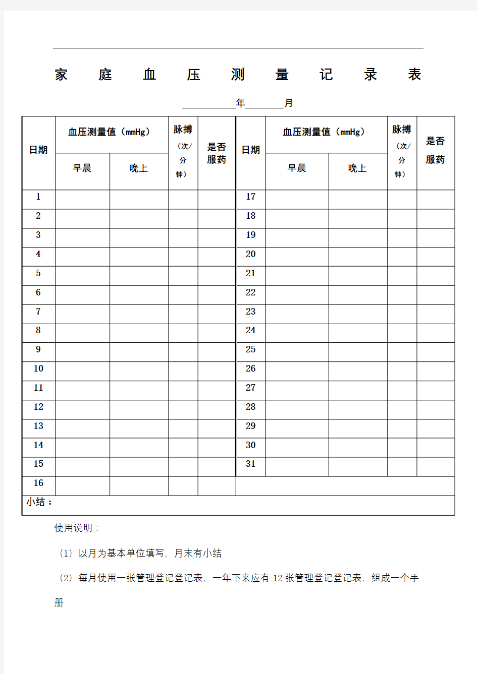 家庭血压测量记录表