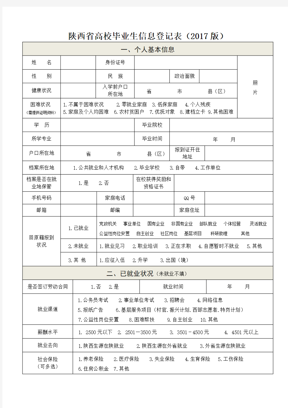 陕西省高校毕业生信息登记表(2017版)