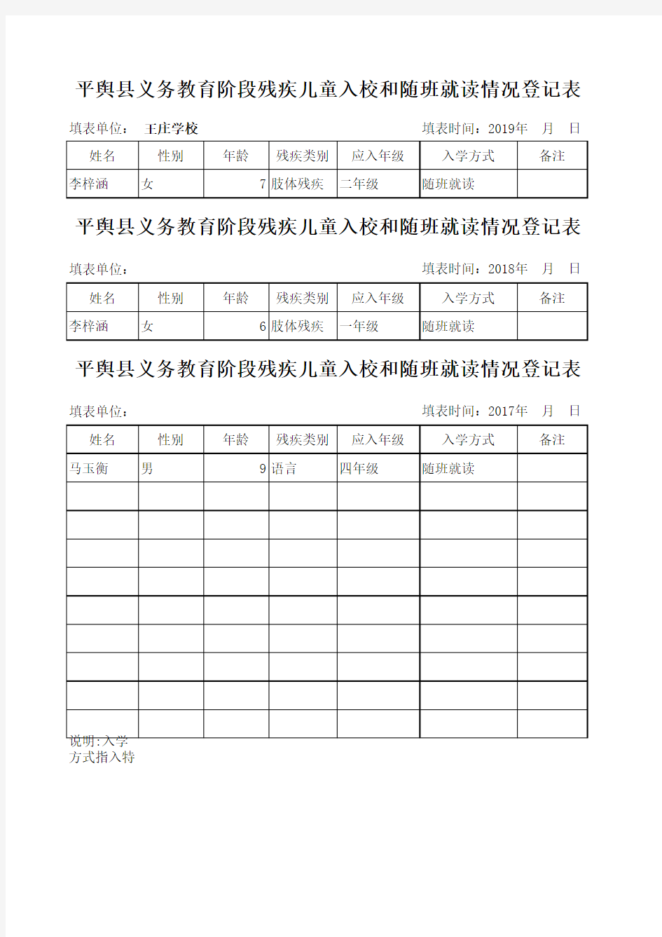 王庄学校残疾儿童登记表