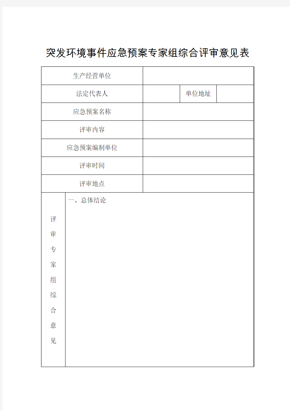 突发环境事件应急预案专家组综合评审意见表